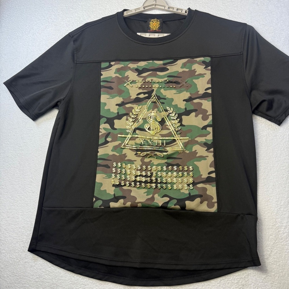 Lion Dynasty Graphic Tee Mens 2X Black Camo Holographic Dollar Sign Streetwear